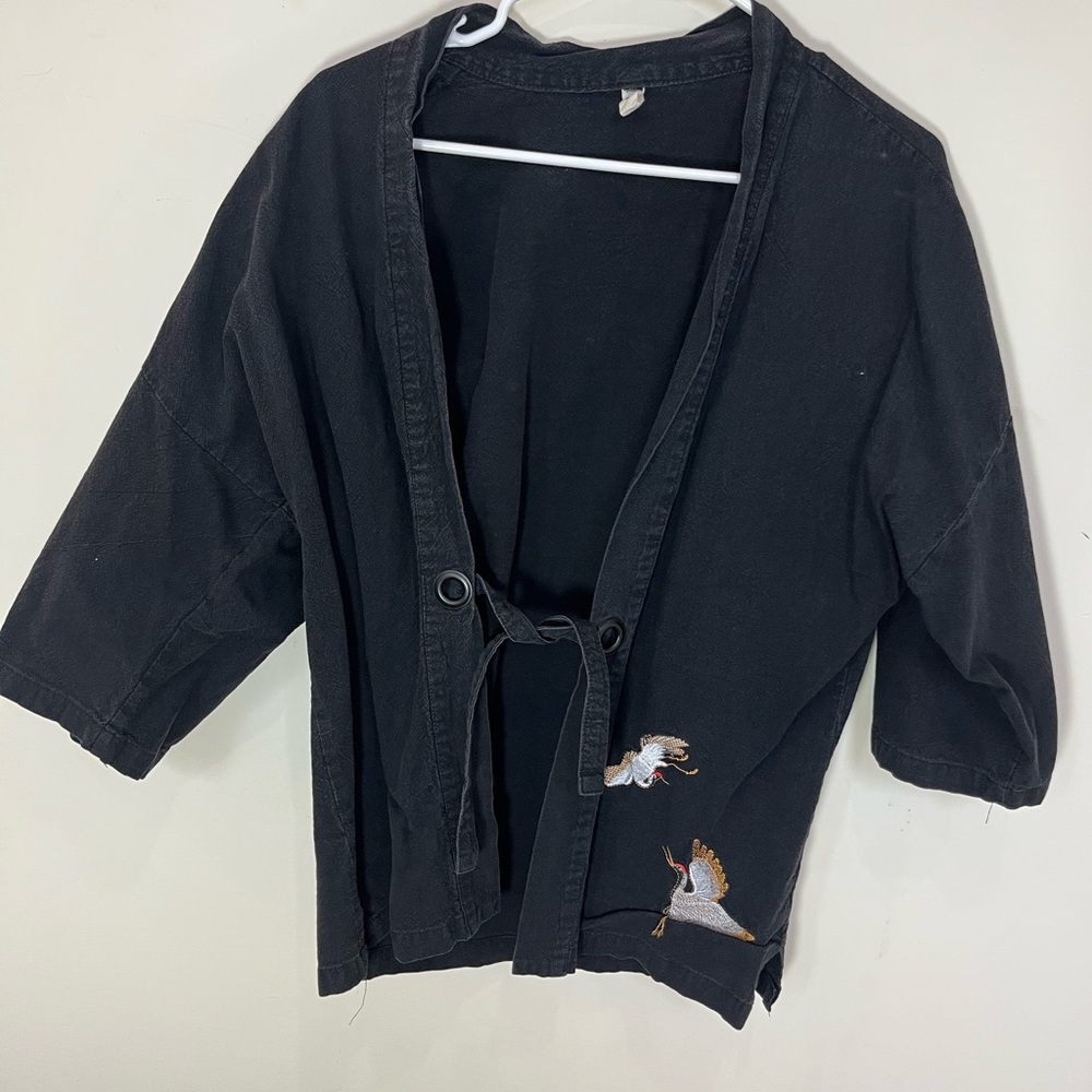 Black Kimono Jacket with Embroidered Cranes